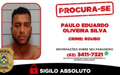 Foragido perigoso: Polícia procura suspeito de assaltos violentos em Araguaína
