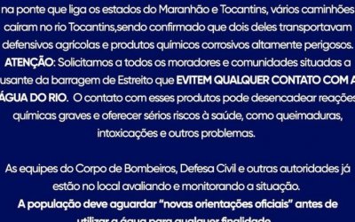 Prefeitura de Estreito emite alerta de possível contaminação do Rio Tocantins por produtos químicos após desabamento da ponte