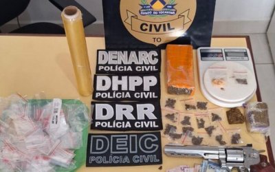 Em Araguaína, Divisão Antidrogas da Polícia Civil prende traficante e apreende drogas, dinheiro e simulacro de arma de fogo