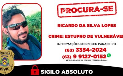 Polícia Civil do Tocantins procura foragido da Justiça condenado pelo estupro de menina de 11 anos