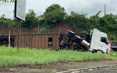Carreta boiadeira tomba no trevo da UNFT na BR-153