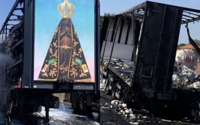 Nossa Senhora fica intacta após carreta ser destruída pelo fogo