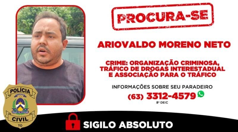 Polícia procura foragido investigado por tráfico, associação criminosa e lavagem de dinheiro no Tocantins