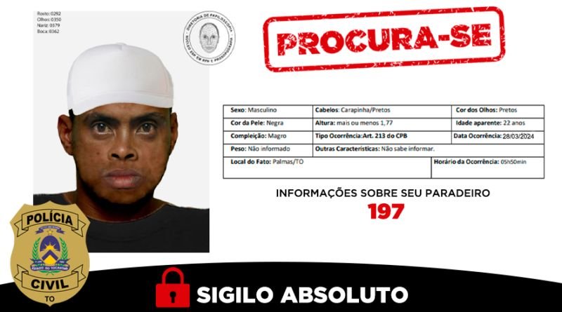 Polícia Civil  divulga retrato falado de suspeito investigado por crime de violência sexual em Araguaína