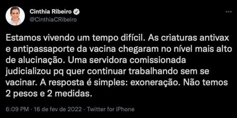 Cinthia Ribeiro exonera servidora que se negou a tomar vacina contra COVID-19